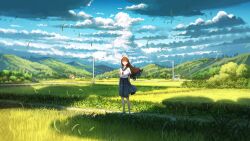 1girl absurdres blue_skirt blue_sky brown_eyes brown_hair cloud commentary_request day facing_viewer flower grass highres house leaf long_hair looking_up mountain mountainous_horizon original outdoors power_lines sailor_collar scenery school_uniform serafuku shirt short_sleeves shuu_illust skirt sky solo torii tree utility_pole white_shirt