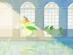 commentary evolutionary_line flower following gen_5_pokemon grass green_eyes harumomo_(@harumomo123456) holding holding_flower lilligant looking_at_another nintendo orange_flower petilil plant pokemon pokemon_(creature) running standing sunlight water white_flower window yellow_flower