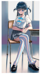 1girl absurdres basori_tiara black_hair black_shoes blue_bow blue_bowtie blue_eyes bow bowtie chair closed_mouth collared_shirt crossed_legs desk full_body grey_skirt highres indoors loafers long_hair looking_at_viewer make_heroine_ga_oo_sugiru! mole mole_on_neck official_alternate_hairstyle on_chair own_hands_together pleated_skirt school_chair school_desk school_uniform shirt shoes short_sleeves sitting skindentation skirt solo striped_clothes striped_thighhighs summer_uniform thighhighs toes tsuwabuki_high_school_uniform two-tone_thighhighs two_side_up unworn_shoe vertical-striped_clothes vertical-striped_thighhighs white_bow white_bowtie white_shirt ymyoat