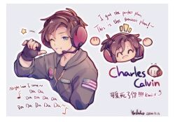 1boy 2020 ;3 ;d ^_^ animification antenna_hair arrow_(symbol) artist_name black_gloves black_shirt blue_eyes brown_hair character_name charles_calvin chinese_commentary closed_eyes commentary_request cropped_torso dated english_text fingerless_gloves gloves grey_background grey_jacket grin headphones headset henry_stickmin_(series) highres hood hood_down hooded_jacket jacket looking_at_viewer male_focus mixed-language_text multiple_views musical_note one_eye_closed open_mouth outline partially_unzipped pointing pointing_at_self pointing_with_thumb procreate_(medium) shirt short_hair simple_background smile star_(symbol) star_in_eye symbol_in_eye very_short_hair white_outline yonlade