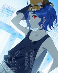 1boy absurdres ame_akira black_gloves blue_hair closed_mouth commentary conch_(gundam) gloves gundam gundam_gquuuuuux highres looking_at_viewer male_focus medium_hair red_eyes shuji_ito smile solo standing watermark