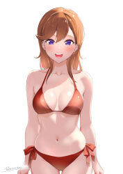 1girl absurdres arms_at_sides bare_arms bare_shoulders bikini breasts collarbone gluteal_fold hair_between_eyes highres looking_at_viewer love_live! love_live!_superstar!! medium_breasts medium_hair midriff narrow_waist open_mouth orange_hair purple_eyes red_bikini reisa-aisaka shibuya_kanon side-tie_bikini_bottom signature simple_background smile solo swept_bangs swimsuit white_background wide_hips
