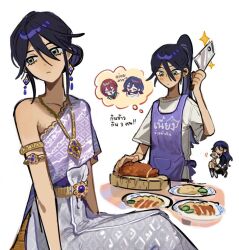 1boy 2girls alternate_costume amate_yuzuriha apron aqua_eyes armlet chopping dark-skinned_female dark_skin food gold_belt gold_necklace gundam gundam_gquuuuuux hair_bun holding holding_knife jewelry knife long_hair multiple_girls necklace nova_1810 nyaan_(gundam_gquuuuuux) pha_nung ponytail sabai shuji_ito solo_focus thai_clothes traditional_dress