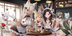6+girls absurdres animal_ear_fluff animal_ears apron bare_shoulders black_bow black_bowtie black_dress blue_eyes blue_hair bow bowtie breasts brown_hair cafe cat cat_ears cat_girl cat_tail chinese_commentary cleavage cleavage_cutout clipboard closed_mouth clothing_cutout collarbone commentary_request cup cupcake dark-skinned_female dark_skin dress earrings flower food fox_ears fox_girl fox_tail garter_straps gloves green_eyes hair_bow hair_ornament hair_over_one_eye hairclip hand_up heterochromia highres holding holding_clipboard holding_pen indoors jewelry jianshu lace lace-trimmed_thighhighs lace_trim large_breasts looking_at_viewer maid maid_cafe maid_headdress multiple_girls one_eye_closed open_mouth orange_eyes original pen red_eyes rose short_hair smile tail teacup thighhighs underboob underboob_cutout vase waist_apron white_garter_straps white_gloves white_thighhighs yellow_eyes