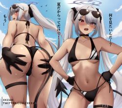 1girl alternate_costume angry anus anus_peek artist_name ass ass_focus back belt belt_buckle bikini bird black_belt black_bikini black_bow black_gloves black_headwear blue_archive blue_sky blush bow breasts buckle choker cleavage cloud cloudy_sky collarbone commentary_request cowboy_shot dark-skinned_female dark_skin day demon_girl demon_tail embarrassed eyelashes eyes_visible_through_hair eyewear_on_head fangs from_behind glasses gloves gluteal_fold grabbing_own_ass groin groping hair_bow hair_ornament hair_over_one_eye halo hands_on_own_ass highres hip_focus iori_(blue_archive) iori_(swimsuit)_(blue_archive) jewelry light_rays long_hair looking_at_viewer midriff multiple_views navel official_alternate_costume open_mouth outdoors partial_commentary pendant pendant_choker pointy_ears presenting presenting_ass red_eyes ribbon shiny_skin sidelocks skin_tight sky small_breasts spread_anus_under_clothes standing stomach summer sun sunbeam sunglasses sunlight sweat swimsuit tail tan translated tsundere twintails twitter_username very_long_hair white_hair xkzan