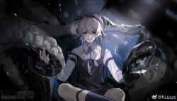 Rule 34 | 1boy, belt, beret, black shorts, blue eyes, bow, bowtie, buttons, chinese commentary, closed mouth, collared shirt, commentary request, commission, feet out of frame, grey hair, hair between eyes, hat, hat bow, highres, kneehighs, kuuus, leg belt, long sleeves, on chair, original, purple belt, purple bow, purple bowtie, purple hat, purple socks, purple vest, sample watermark, shirt, short hair, shorts, sitting, sleeve belt, smile, socks, solo, straight-on, strap slip, striped bow, striped bowtie, striped clothes, striped vest, tentacles, vertical-striped clothes, vertical-striped vest, vest, watermark, weibo watermark, white shirt