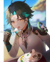 1boy absurdres ahoge arm_tattoo azna bead_necklace beads black_hair blurry blurry_background day eating facial_mark flower food forehead_mark genshin_impact gloves gradient_hair green_hair highres holding holding_spoon jewelry male_focus multicolored_hair necklace open_mouth outdoors plate solo spoon tassel tattoo tofu twitter_username upper_body white_flower xiao_(genshin_impact) yellow_eyes