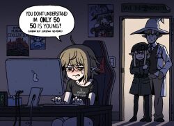 1boy 2girls ahoge bedroom black_coat black_shirt blush brown_hair brown_pants chair coat collared_shirt commentary computer computer_keyboard crossed_arms elf energy_drink english_commentary english_text father_and_daughter gaming_chair hat indoors karepack lab_coat meme military_hat monitor mother_and_daughter multiple_girls necktie original panties panties_around_leg pants parted_lips pointy_ears poster_(object) red_necktie shirt short_sleeves sitting small_sweatdrop speech_bubble standing sweatdrop swivel_chair t-shirt teeth tissue_box underwear white_hat witch_hat you_don&#039;t_understand_i&#039;m_only_29_29_is_young_(meme)
