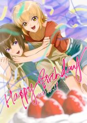 1boy 1girl blonde_hair brother_and_sister brown_hair cagalli_yula_athha cake commentary_request dated denim denim_shorts english_text food gundam gundam_seed happy_birthday highres hiii_biki hug hug_from_behind jacket jewelry kira_yamato looking_at_viewer necklace open_mouth purple_eyes shirt short_hair short_sleeves shorts siblings smile strawberry_cake streamers yellow_eyes