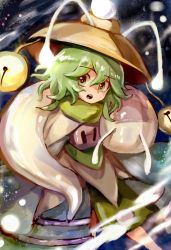 1other androgynous antennae brilliant_pagoda_or_haze_castle brown_hat commentary_request cowboy_shot green_eyes green_hair green_scarf green_shorts hat hemo_(hemoroda) kesa_kujiru len&#039;en len&#039;en medium_hair open_mouth scarf shorts slug solo