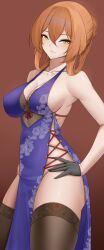 Rule 34 | 1girl, absurdres, black gloves, black thighhighs, breasts, brown background, brown hair, casperrin, china dress, chinese clothes, collarbone, commentary, covered erect nipples, covered navel, cowboy shot, cross-laced clothes, cross-laced dress, dress, english commentary, floral print, girls&#039; frontline, girls&#039; frontline 2: exilium, gloves, gradient background, green eyes, hair between eyes, halter dress, halterneck, hand on own hip, highres, large breasts, long hair, looking at viewer, no panties, pelvic curtain, purple dress, smile, solo, springfield (girls&#039; frontline), springfield (girls&#039; frontline 2), thighhighs