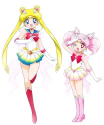 2girls back_bow bad_id bad_twitter_id bishoujo_senshi_sailor_moon bishoujo_senshi_sailor_moon_supers blonde_hair blue_eyes blue_sailor_collar blue_skirt boots bow bowtie brooch chibi_usa child choker circlet commentary cone_hair_bun crescent crescent_earrings derivative_work dot_nose double_bun earrings elbow_gloves english_commentary eyelashes full_body gloves gradient_clothes gradient_skirt hair_bun hair_ornament hand_on_own_head happy heart heart_brooch heart_choker height_difference high_heel_boots high_heels highres honeymoonpetal jewelry knee_boots large_bow leg_up leotard light_blush long_hair magical_girl miniskirt mother_and_daughter multiple_girls official_style one_eye_closed open_mouth parted_bangs pink_boots pink_brooch pink_hair pink_sailor_collar pink_skirt pleated_skirt red_boots red_bow red_bowtie red_eyes ringlets sailor_chibi_moon sailor_collar sailor_moon short_hair short_sleeves short_twintails simple_background skirt smile standing super_sailor_chibi_moon super_sailor_moon tareme tsukino_usagi twintails very_long_hair white_background white_bow white_gloves white_leotard white_skirt yellow_choker