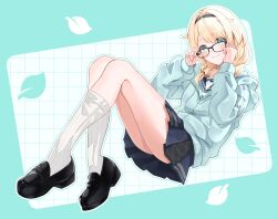 1girl absurdres aqua_eyes aqua_hoodie black_hairband blonde_hair blue_sailor_collar glasses hairband highres hololive hood hoodie kazama_iroha kazama_iroha_(school_uniform) leaf leaf_background miniskirt sailor_collar skirt socks tilu virtual_youtuber white_socks