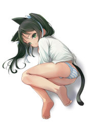 1girl absurdres animal_ear_fluff animal_ears ass bare_legs barefoot black_hair blush cat_ears cat_girl cat_tail commentary_request extra_ears feet fetal_position francesca_lucchini full_body green_eyes green_hair highres long_hair looking_at_viewer looking_back lying multicolored_hair no_pants on_side original panties shirt simple_background smile soles solo strike_witches striped_clothes striped_panties tail toes twintails underwear white_background white_panties white_shirt world_witches_series yashin_(yasinz)
