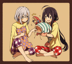 10s 2boys ahoge black_hair bone catfish fish honebami_toushirou indian_style male_focus matsuki_(mikipingpong) multiple_boys namazuo_toushirou name_connection object_namesake open_mouth ponytail purple_eyes simple_background sitting smile stuffed_animal stuffed_toy touken_ranbu white_hair