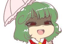 1girl :d ascot blush_stickers chibi collared_shirt green_hair gyate_gyate jaggy_lines kazami_yuuka medium_hair meme no_pupils open_mouth partially_shaded_face pinky_out plaid_clothes plaid_vest portrait red_eyes red_vest shirt smile solo touhou transparent_background umbrella vest yellow_ascot yklvr