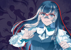1girl ayaki_mami dress embarrassed frills glasses grey_eyes hololive hololive_dev_is juufuutei_raden multicolored_hair over-rim_eyewear red-framed_eyewear semi-rimless_eyewear solo sweatdrop two-tone_hair virtual_youtuber wavy_mouth
