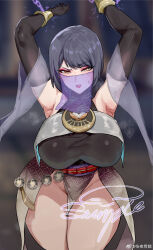1girl armpits arms_up b.sa_(bbbs) bad_tag black_gloves black_hair breasts elbow_gloves genshin_impact gloves highres kujou_sara large_breasts leotard looking_at_viewer makeup mask mouth_veil pelvic_curtain see-through_clothes short_hair solo thick_thighs thighs veil yellow_eyes