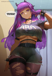 1girl araneesama belt black_belt black_choker black_shirt bracelet breasts choker crop_top curvy english_text fake_horns fern_(sousou_no_frieren) fishnet_sleeves fishnet_top fishnets goth_fashion highres horns jewelry large_breasts midriff necklace pantyhose purple_eyes purple_hair shirt short_shorts shorts solo sousou_no_frieren speech_bubble spiked_bracelet spikes thighs torn_clothes torn_pantyhose