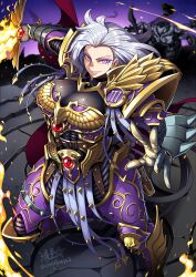 1girl aquila_(symbol) armor bird breasts cleavage decapitation eagle emperor&#039;s_children fire flaming_sword flaming_weapon fulgrim full_armor gauntlets genderswap genderswap_(mtf) highres holding holding_sword holding_weapon imperial_aquila large_breasts long_hair looking_at_viewer mole mole_under_eye ornate_armor pelvic_curtain power_armor power_sword primarch purple_armor purple_eyes ryuusei_(mark_ii) slashing smug solo sword warhammer_40k weapon white_hair