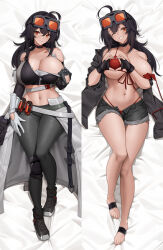 1girl ahoge bed bed_sheet belt bikini black_hair boots breasts covered_erect_nipples cuddly_octopus dakimakura_(medium) feet fingerless_gloves full_body gloves grace_howard hand_on_own_chest heart heart_hands huge_breasts navel one_eye_closed orange_eyes pants red_bikini shorts smile swimsuit teasing teeth thong tony_guisado undressing zenless_zone_zero