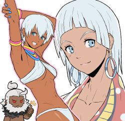 1boy 1girl akuma_(street_fighter) alternate_costume angry armlet bangle bare_shoulders beads beard blue_eyes blue_nails border bra bracelet breasts chibi cleavage closed_mouth colored_sclera con56000 cropped_legs dark-skinned_female dark-skinned_male dark_skin earrings elena_(street_fighter) facial_hair gold_earrings hair_between_eyes jewelry lips long_hair medium_breasts navel neck_ring ponytail prayer_beads red_eyes revealing_clothes rope scarf short_hair smile street_fighter street_fighter_6 street_fighter_iii_(series) thumbs_up topknot topless_male underboob underwear upper_body white_border white_bra white_hair