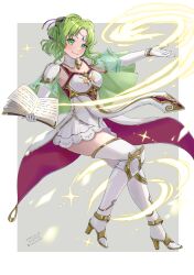 1girl absurdres armor blush book boots breasts cape circlet closed_mouth commentary_request dress elbow_gloves fire_emblem fire_emblem:_the_sacred_stones gloves green_eyes green_hair high_heel_boots high_heels highres holding holding_book jewelry l&#039;arachel_(fire_emblem) long_hair looking_at_viewer magic medium_breasts mugitoro_(dsfv2277) nintendo ponytail smile solo thigh_boots white_boots white_dress white_gloves