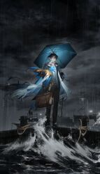 1boy absurdres arknights artist_name ascot bag black_collar black_gloves black_hair black_pants black_shoes blue_ascot blue_hair blue_umbrella brown_bag character_name cloud cloudy_sky coat coat_on_shoulders collar colored_inner_hair commentary copyright_name english_text fek_zin frown full_body gloves gradient_ascot grey_sky highres holding holding_bag holding_umbrella looking_at_viewer lumen_(arknights) male_focus messy_hair multicolored_hair open_clothes open_coat outdoors pants pointy_ears rain scarf ship shoes short_hair sky solo umbrella watercraft waves white_scarf yellow_ascot yellow_eyes