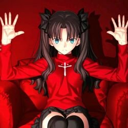 1girl arms_up artist_request black_boots black_hair black_ribbon black_skirt black_socks black_thighhighs blue_eyes boots bow breasts chair closed_mouth couch fate/hollow_ataraxia fate/stay_night fate_(series) female_focus fingernails hair_bow hair_ribbon kneeling legs long_fingernails long_hair looking_at_viewer miniskirt pleated_skirt red_background red_chair red_sweater ribbon sitting skirt small_breasts socks solo solo_focus sweat sweater thighhighs thighs tohsaka_rin turtleneck turtleneck_sweater twintails very_long_hair zettai_ryouiki