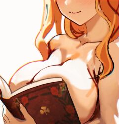 1girl black_clover boobs_in_book_(meme) book book_on_breasts breasts closed_mouth commentary covering_breasts covering_privates english_commentary eyes_out_of_frame head_out_of_frame holding holding_book large_breasts long_hair mimosa_vermillion mitanaartworks nude_cover open_book orange_hair smile solo white_background