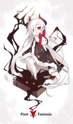 1girl ahoge bow chain cloak copyright_name cuffs darkness demon_girl female_focus full_body fur_trim hair_over_one_eye horns long_hair looking_at_viewer open_mouth original pale_skin pixiv_fantasia pixiv_fantasia_t polearm red_bow red_eyes red_rulu_(saru) rulu_(saru) saru shackles sitting sitting_on_object solo suitcase trident very_long_hair weapon white_hair
