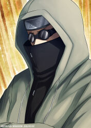 1boy aburame_shino artist_name black_jacket coat dated forehead_protector goggles goggles_on_head green_coat hood hood_up jacket k-suwabe konohagakure_symbol male_focus naruto_(series) naruto_shippuuden ninja solo turtleneck upper_body