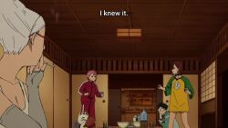 1boy 2girls animated ayase_momo chopsticks dandadan eating food indoors japanese_text long_hair multiple_girls noodles shiratori_aira_(dandadan) sound table tagme takakura_ken_(dandadan) turbo_granny_(dandadan) video