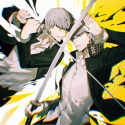 2boys battle black_jacket blurry depth_of_field dual_persona grey_eyes grey_hair hashtag-only_commentary highres holding holding_sword holding_weapon jacket lluyss multiple_boys narukami_yu persona persona_4 school_uniform shadow_yu shirt sword weapon white_background white_shirt yasogami_school_uniform yellow_background yellow_eyes
