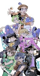 1girl 6+boys anchor_ornament backpack bag battle_tendency birthmark black_hair black_jacket black_pants blonde_hair blue_eyes blush_stickers bola_(weapon) braid brown_hair bubble chain cone_hair_bun diamond_wa_kudakenai dixie_cup_hat double_bun earrings everyone fake_horns family fingerless_gloves gakuran giorno_giovanna gloves gold_chain green_eyes green_hair green_lips hair_bun hand_in_pocket hands_on_own_head hat headband heart higashikata_josuke higashikata_josuke_(jojolion) highres holding holding_sword holding_weapon hood hoodie horned_headwear horns in_tree jacket jewelry joestar_birthmark johnny_joestar jojo_no_kimyou_na_bouken jojolion jonathan_joestar joseph_joestar joseph_joestar_(young) kuujou_jolyne kuujou_joutarou ladybug_ornament looking_at_viewer looking_back luck_and_pluck midriff military_hat multicolored_hair multiple_boys orange_sailor_collar pants peace_symbol phantom_blood pink_jacket pink_pants pompadour print_pants purple_shirt reaching reaching_towards_viewer ripples sahau228 sailor sailor_collar scarf school_hat school_uniform shirt sitting sitting_in_tree smile sparkle spider_web_print star_(symbol) star_print stardust_crusaders steel_ball_run stone_ocean striped_clothes striped_scarf stud_earrings sword teeth tooth_gap tree triangle_print two-tone_hair vento_aureo vertical-striped_clothes vertical-striped_scarf weapon white_background white_hoodie yellow_eyes yellow_shirt