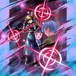 Rule 34 | 1boy, 1girl, bandages, black eyes, black hair, blue eyes, blue hair, blush, couple, dragon ball, dragon ball legends, dragon ball super, embarrassed, gun, happy, long hair, mai (future) (dragon ball), official art, scratches, smile, trunks (dragon ball), trunks (future) (dragon ball), weapon