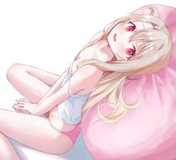 1girl absurdres arms_between_legs bare_arms bare_legs blush breasts camisole commentary crop_top fate/kaleid_liner_prisma_illya fate_(series) grey_hair highres illyasviel_von_einzbern kaze_22 korean_commentary leaning_back leaning_on_object long_hair looking_at_viewer panties pink_panties red_eyes sitting small_breasts smile solo strap_slip underwear underwear_only very_long_hair wariza white_camisole