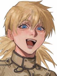 1girl absurdres blue_eyes blush hana0112yama_k happy hellsing high_collar highres looking_at_viewer military_uniform open_mouth seras_victoria smile solo vampire