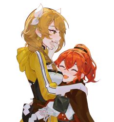 Rule 34 | 2girls, absurdres, anna (fire emblem), anna (fire emblem engage), black corset, braid, braided ponytail, closed mouth, commission, corset, fire emblem, fire emblem engage, goldmary (fire emblem), hair ribbon, highres, hooded top, hug, low ponytail, mariirasuto7, multiple girls, nintendo, ponytail, red hair, ribbon, white ribbon