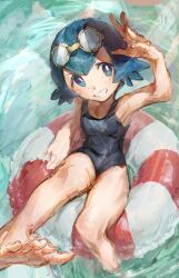 1girl afloat akebwanwan arm_up barefoot black_one-piece_swimsuit blue_eyes blue_hair bright_pupils commentary_request goggles goggles_on_head grin lana_(pokemon) lifebuoy looking_at_viewer nintendo no_sclera one-piece_swimsuit pokemon pokemon_(anime) pokemon_sm_(anime) short_hair smile solo swim_goggles swim_ring swimsuit teeth toes water white_pupils