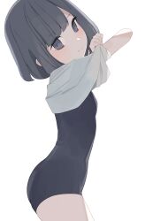 1girl black_eyes black_hair black_one-piece_swimsuit closed_mouth clothes_lift commentary highres hiroki_(yyqw7151) lifting_own_clothes looking_at_viewer one-piece_swimsuit original shirt shirt_lift short_hair simple_background solo swimsuit undressing white_background white_shirt