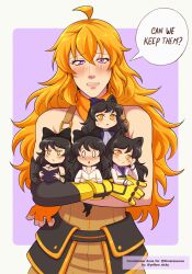 Rule 34 | 2girls, animal ears, artist name, bare shoulders, black hair, blake belladonna, book, border, cat ears, chibi, collared shirt, commission, english text, fingerless gloves, gloves, hair between eyes, highres, holding, holding book, long hair, long sleeves, mechanical arms, multiple girls, multiple views, open book, orange eyes, orange gloves, orange scarf, purple background, purple eyes, rwby, scarf, shirt, short hair, single mechanical arm, speech bubble, white border, white shirt, yang xiao long, yellow nicky, zipper