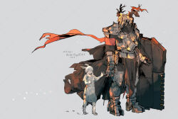Rule 34 | 1boy, 1girl, 2025, absurdres, animal skull, antlers, arknights, armor, boots, dated, deer antlers, deer skull, frostnova (arknights), full body, grey background, grey hair, highres, holding, holding shield, horns, patriot (arknights), rokunose, shield, shoulder armor, size difference, twitter username, walking
