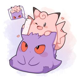 Rule 34 | ;3, absurdres, blush stickers, cellphone, clefable, colored sclera, commentary, english commentary, gen 1 pokemon, gengar, heart, highres, holding, holding phone, looking up, nintendo, no humans, one eye closed, open mouth, phone, pokemon, pokemon (creature), red sclera, selfie, sevi (seviyummy), smartphone, smile
