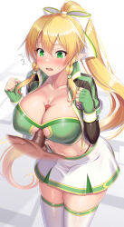 1boy 1girl blonde_hair blush braid breasts censored commentary_request elf fantasy feet_out_of_frame fingerless_gloves gloves green_eyes green_nails hair_between_eyes hetero highres kawase_seiki large_breasts leafa_(sao) long_hair long_sleeves looking_at_viewer miniskirt mosaic_censoring navel open_clothes open_mouth paizuri penis pointy_ears ponytail skirt stomach sword_art_online teeth thighhighs twin_braids very_long_hair white_thighhighs zettai_ryouiki