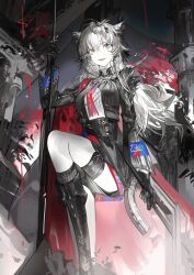 1girl animal_ears arknights black_boots black_gloves black_jacket black_skirt black_socks boots chinese_commentary collared_shirt commentary cropped_jacket english_commentary feet_out_of_frame from_below gloves grey_eyes grey_hair hair_ornament hairclip hand_up highres holding holding_staff holding_sword holding_weapon jacket knee_boots kneehighs lappland_(arknights) lappland_the_decadenza_(arknights) long_hair long_sidelocks long_sleeves looking_at_viewer mixed-language_commentary necktie plumw red_necktie scar scar_across_eye scar_on_face shirt shorts shorts_under_skirt sidelocks skirt smile socks solo staff sword thigh_strap weapon white_shirt wolf_ears