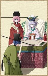 3girls absurdres bad_source blue_eyes blue_hair chinese_clothes futou grey_hair hair_bun hanfu hat highres holding horns huban jiaoling_ruqun long_sleeves multiple_girls original paper pink_hair sange_xiaoxiangguo scroll short_hair single_hair_bun smile standing white_hair wide_sleeves yuanlingpao