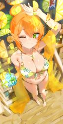 1girl absurdres anklet arm_up armpit_crease armpits bikini breasts cleavage cocktail cocktail_umbrella collarbone commentary drink eltir food foreshortening fruit full_body glint green_eyes hair_between_eyes hair_bun highres hinatsuki_mikan holding holding_drink jewelry large_breasts lemon lemon_slice looking_at_viewer machikado_mazoku navel necklace o-ring o-ring_bikini o-ring_top one_eye_closed orange_hair orange_shawl shawl smile solo sweat swimsuit symbol-only_commentary