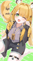 1girl a10_(avxv8374) absurdres animal_ear_fluff animal_ears blonde_hair gloves green_eyes highres ju_fufu long_hair looking_at_viewer multicolored_hair open_mouth shirt smile solo tail tiger_ears tiger_girl tiger_tail zenless_zone_zero