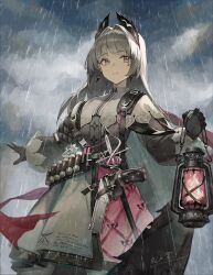 1girl absurdres alk_1073761076 ammunition arknights artist_name belt black_belt black_gloves black_jacket capelet cloud cloudy_sky commentary earrings gloves grey_eyes grey_hair grey_sky gun hair_intakes handgun head_wings highres holding holding_lantern irene_(arknights) jacket jewelry lantern long_hair long_sleeves looking_ahead looking_to_the_side pantyhose parted_lips patterned_clothing pink_pupils pouch rain rapier scar scar_across_eye scar_on_face signature skirt sky solo standing strap sword two-tone_skirt very_long_hair weapon wet white_capelet white_pantyhose white_skirt white_sleeve_cuffs wings